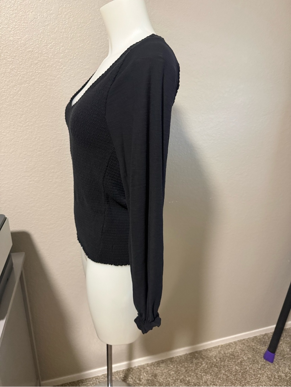 Women's Nation LTD Bunny Smocked Black Long Sleeve Scoop Neck Top - Picture 4 of 7